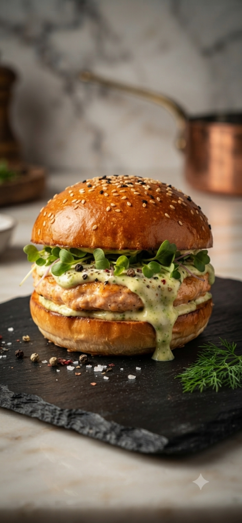 Salmon Burger with culanto peppercorn sauce and micro greens